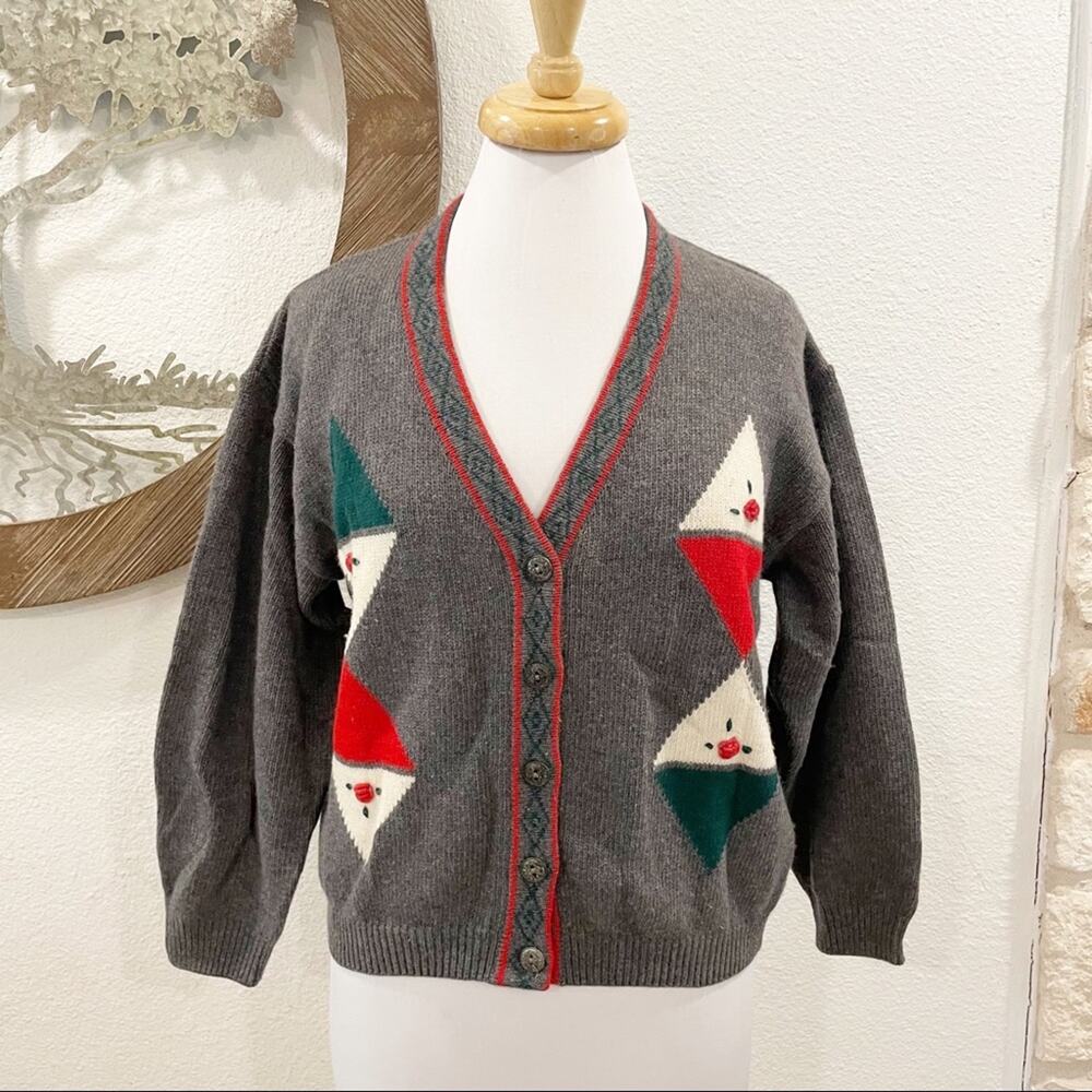 Vintage MITO Italian Wool Angora Cardigan Sweater Gray Green Red